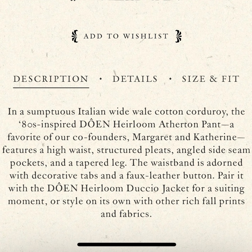 ❄️🎄DÔEN ’Atherton’ Heirloom Italian Wide Wale Cotton Corduroy Pant Siena 0/24 - Picture 7 of 10